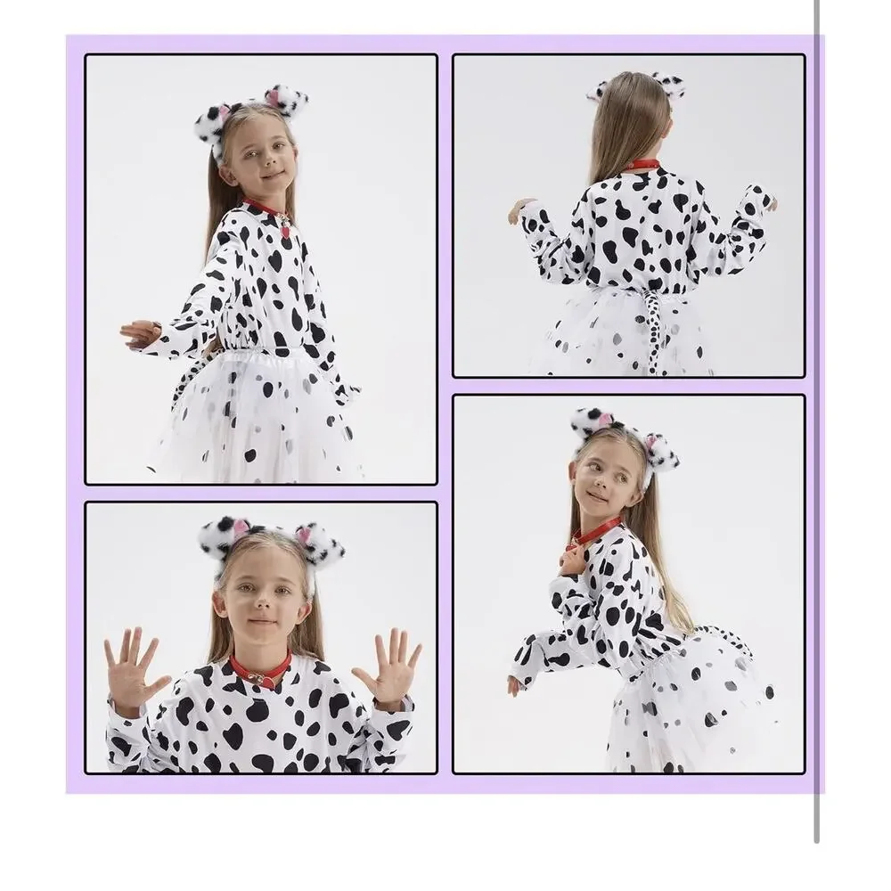 101 Dalmatian Costume For Kids Girls Shirt Outfit Ears Headband Socks S (5-7 Yrs